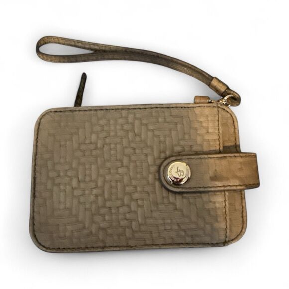 Women's B. MAKOWSKY Golden Brown Leather ID Wristlet Wallet Small Purse Clubbing - Picture 2 of 4